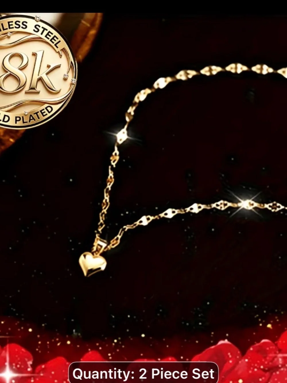18k Gold pleated Heart Layered Necklace Set - 2 Piece
